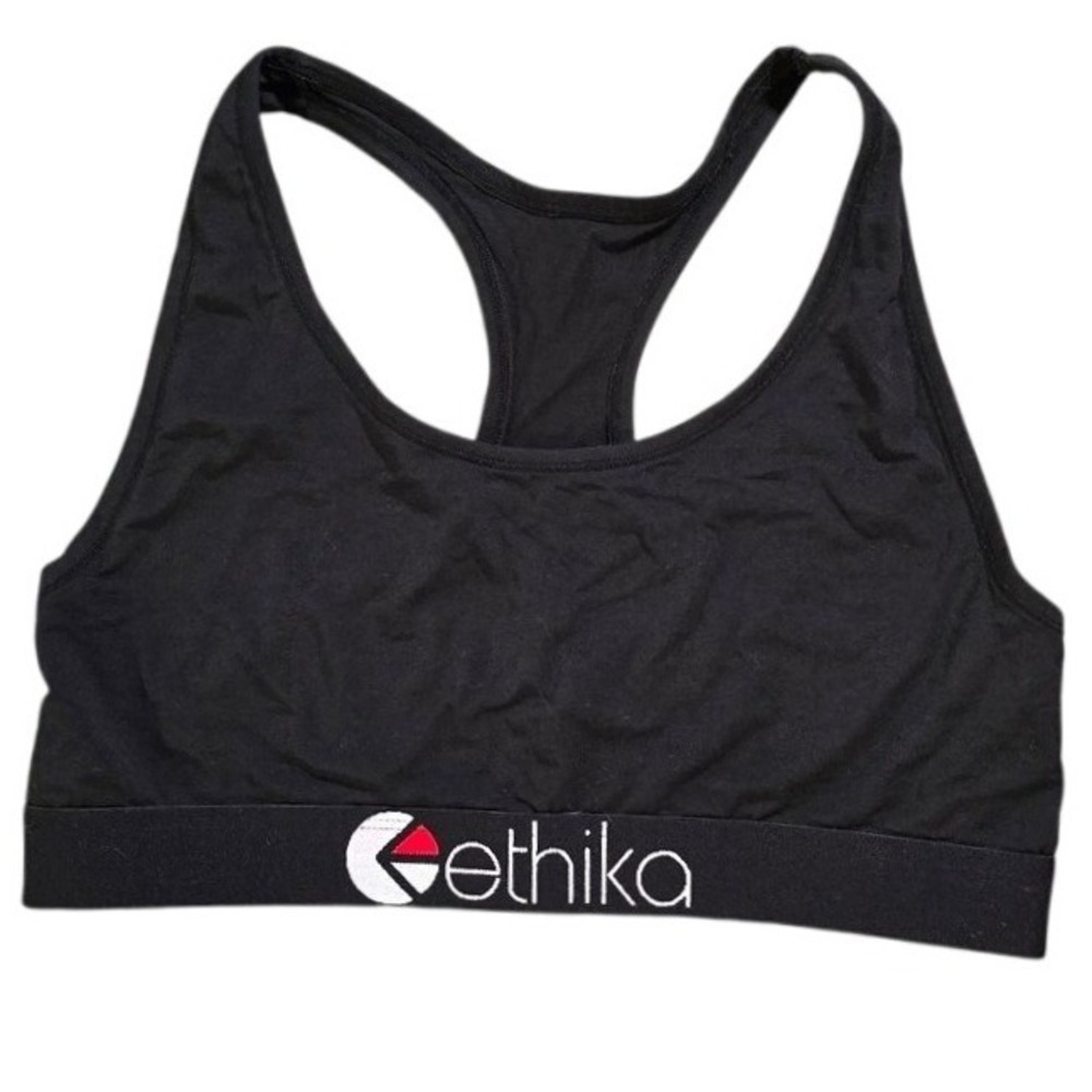 XL Ethika Women's Sports Bra Black Racerback Logo Activewear Comfort BLACK WHITE